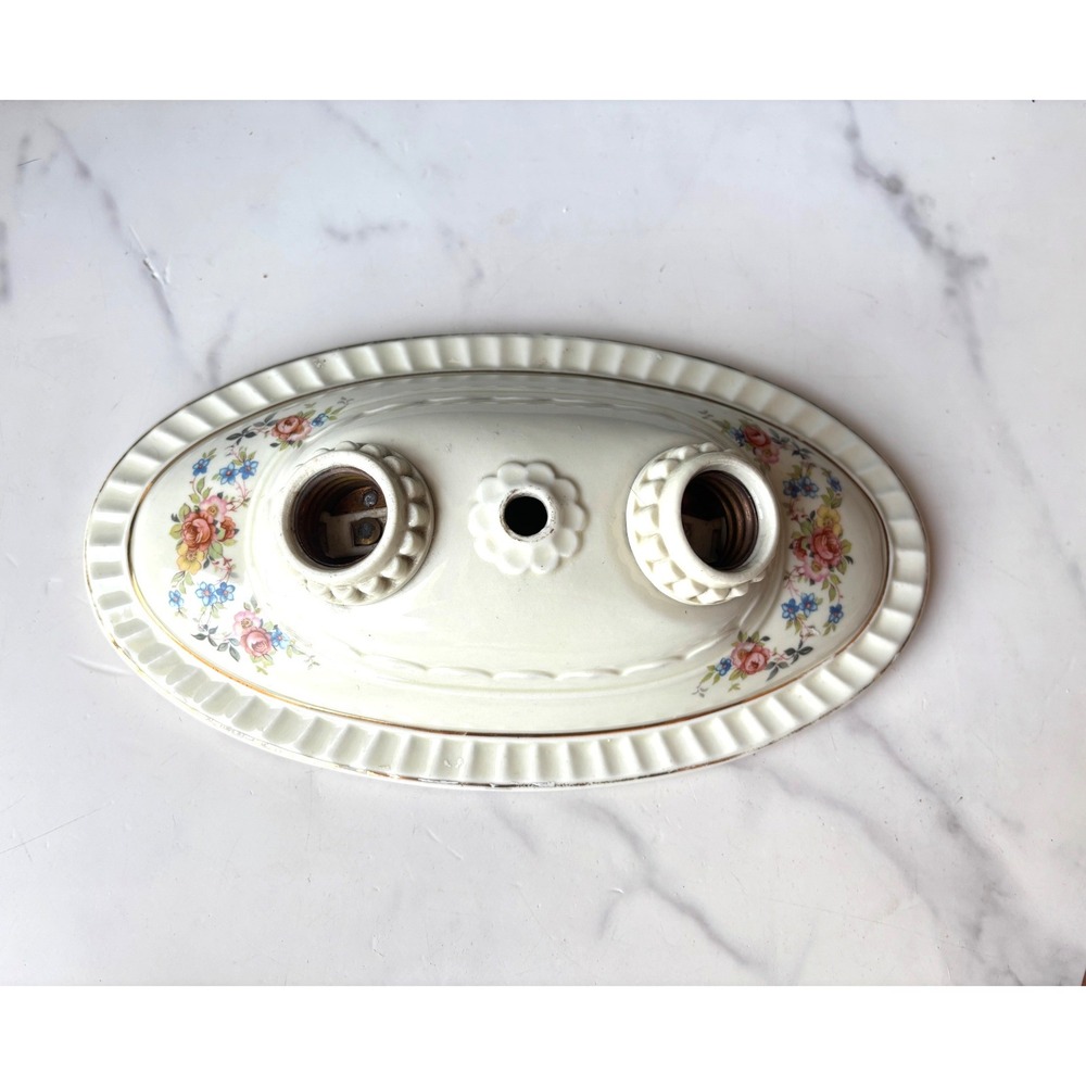 Vintage Porcelain Floral Flush Mount Ceiling Light Fixture Double Light